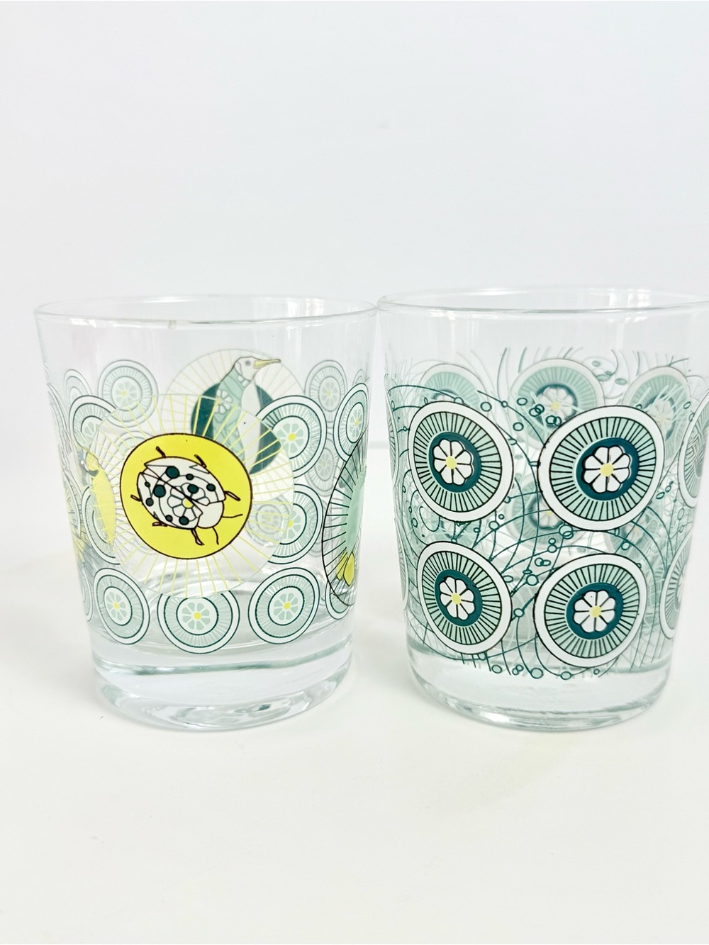 VTG IKEA Busig Psychedelic Penguin, Magic Mushroom Flower Low Glasses Set of 2